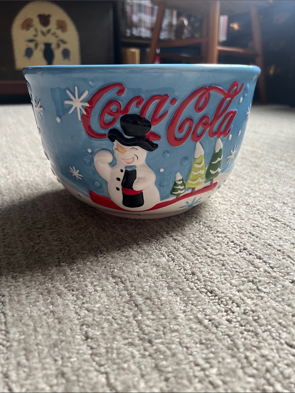 Coca Cola Light Blue Snowman Holiday Serving Bowl